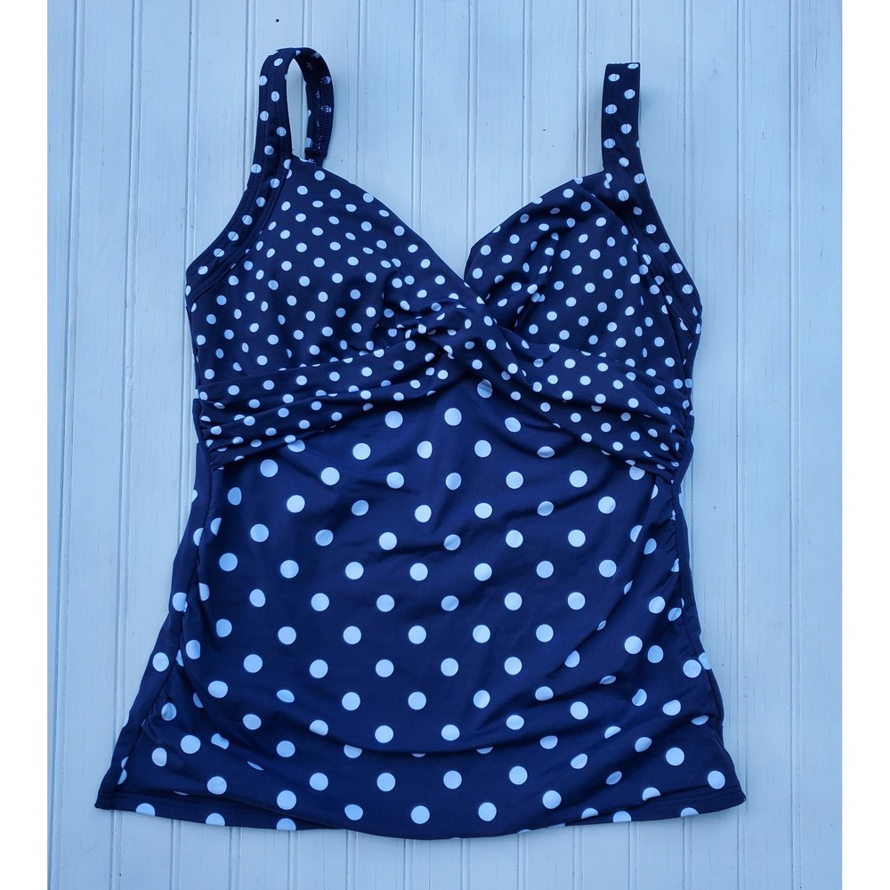 Lands End Navy Blue White Polka Dot Twist Front Underwire Tankini Top Womens 8